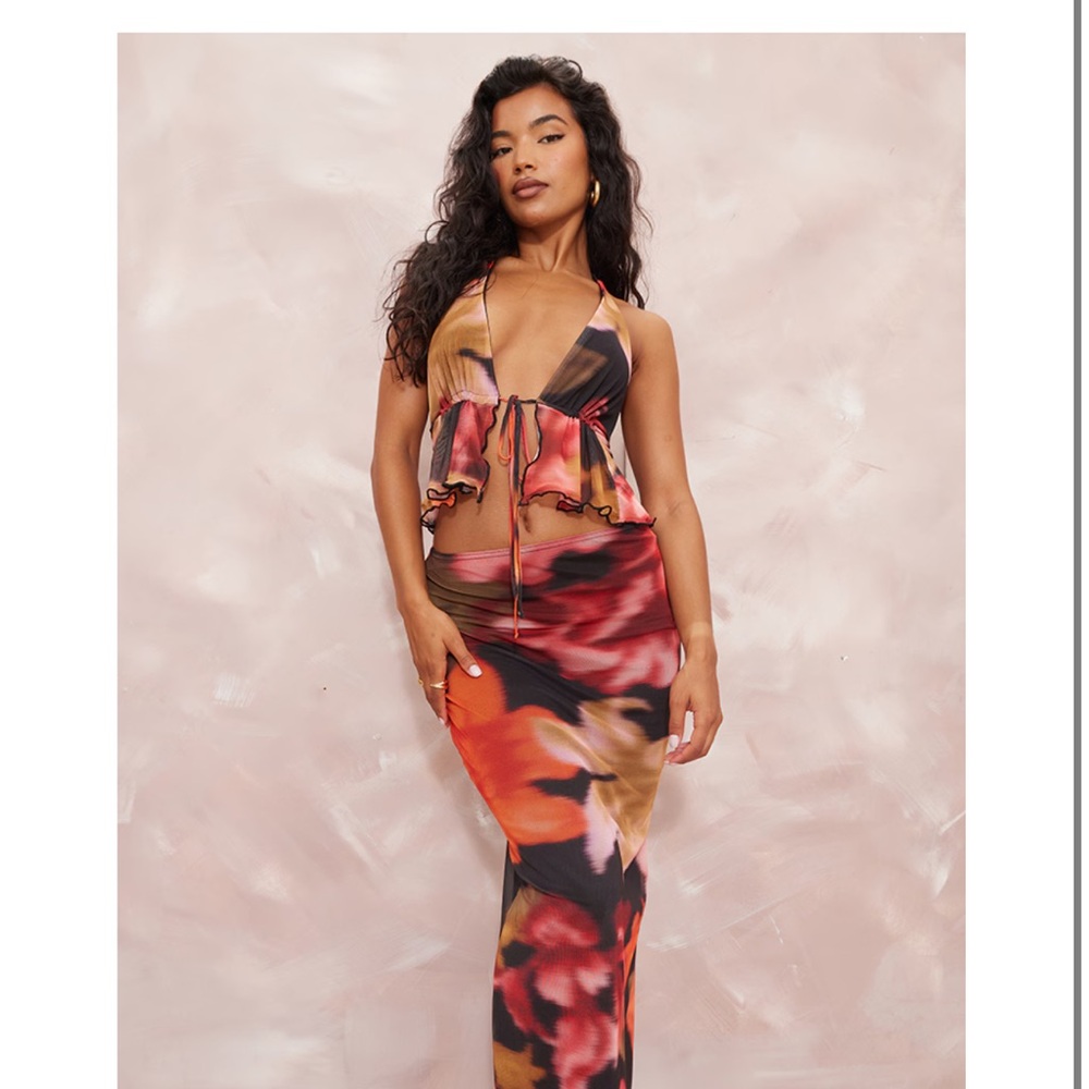 Red Floral Print Mesh Low Rise Midaxi Skirt and Halter Top Set size 2